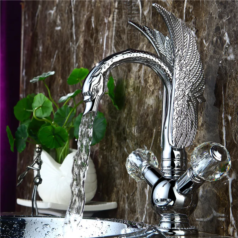 

Free shipping chrome clour single hole Double Crystal Knobs bathroom basin swan faucet mixer tap