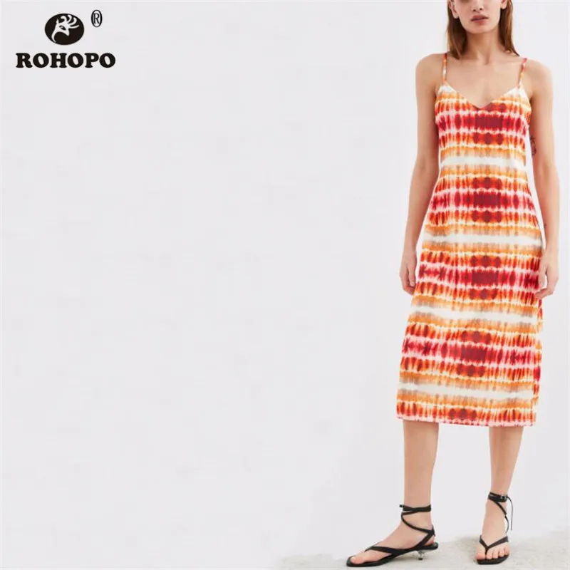 

ROHOPO Women Summer Spaghetti Strap Straight Midi Dress Striped Tie Dye Rainbow ChiC Preppy Girl Mid Calf Vestido #UK9140