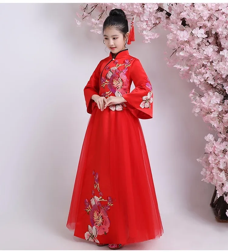 Роскошные вышивки с длинным рукавом красный цветок платья для девочек для свадеб дети Праздничное платье для первого причастия детское