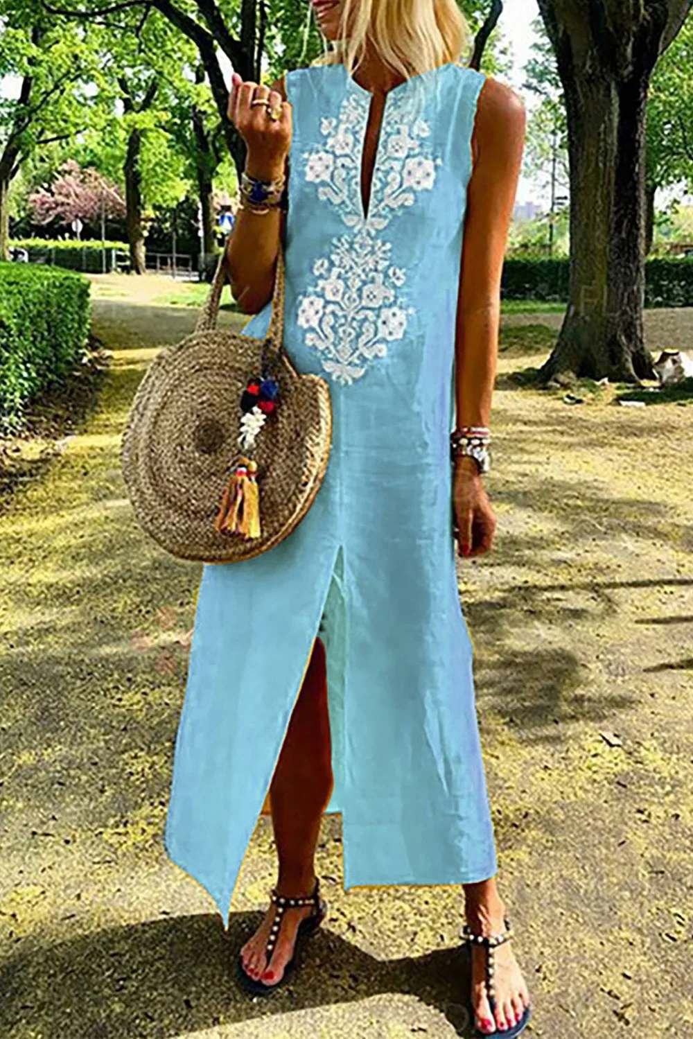 Sky-Blue-Sleeveless-Casual-Slit-Geometric-Summer-Dress-LC611109-4-2