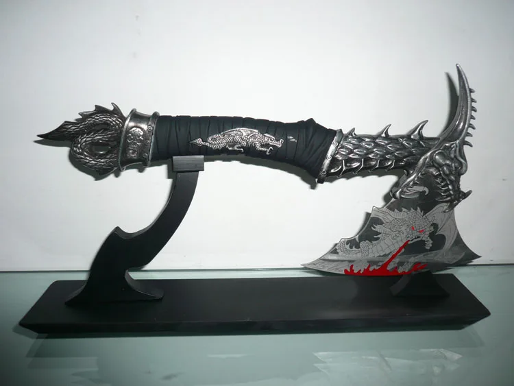 

S0140 EXORCISING FIRE FLYING DRAGON AXE AX BLACK LEATHER HANDLE W/ STAND 14"