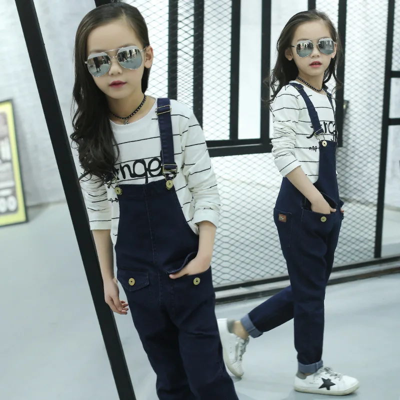 

Girls Winter Spring Denim Overalls Navy Blue Jumpsuit Children Kid Jeans Long Pants Teenager Clothes for 4 5 6 7 8 9 10 12 Years