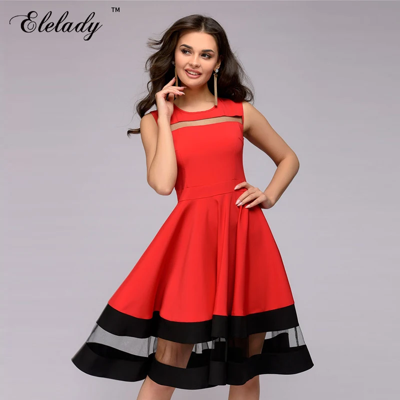Elelady 2019 для женщин сезон: весна лето сетки платье В лоскутном стиле с круглым