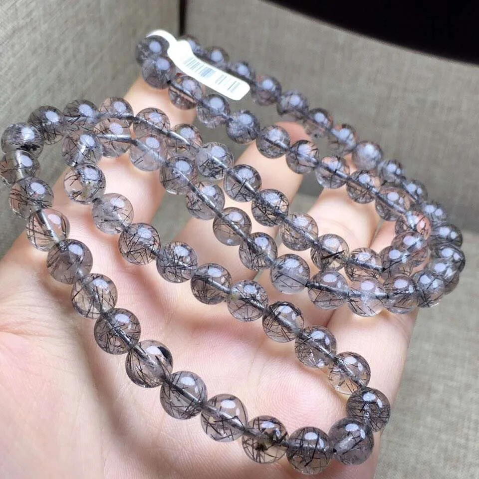 

7.9mm Natural Black Rutilated Quartz 3 laps Bracelet From Brazil Round Beads Gems For Women Men Gift Crsytal Bracelets AAAAA