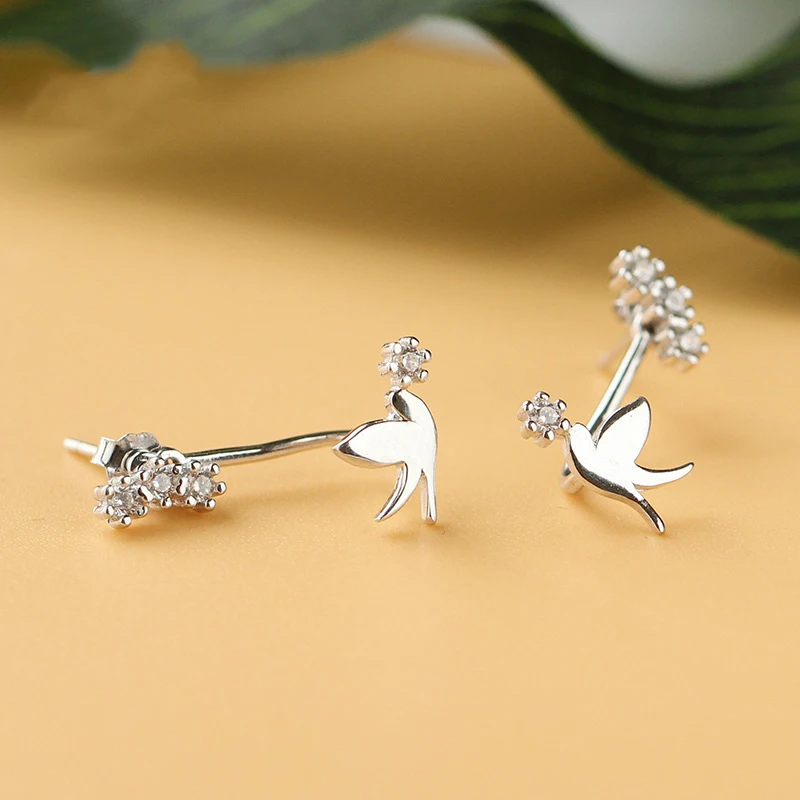 

925 Sterling Silver Cute Animal Pigeon Peace Dove Pendientes For Women Swallow Nesting Trendy Creative Hipster Ear Stud Earrings