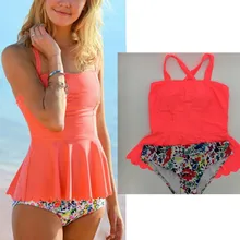 KEKAKA, винтажный неоновый Танкини с красной баской, женские купальники, плюс размер, Мягкий купальный костюм из двух частей, Танкини с пуш-ап, одежда для плавания, S-XL