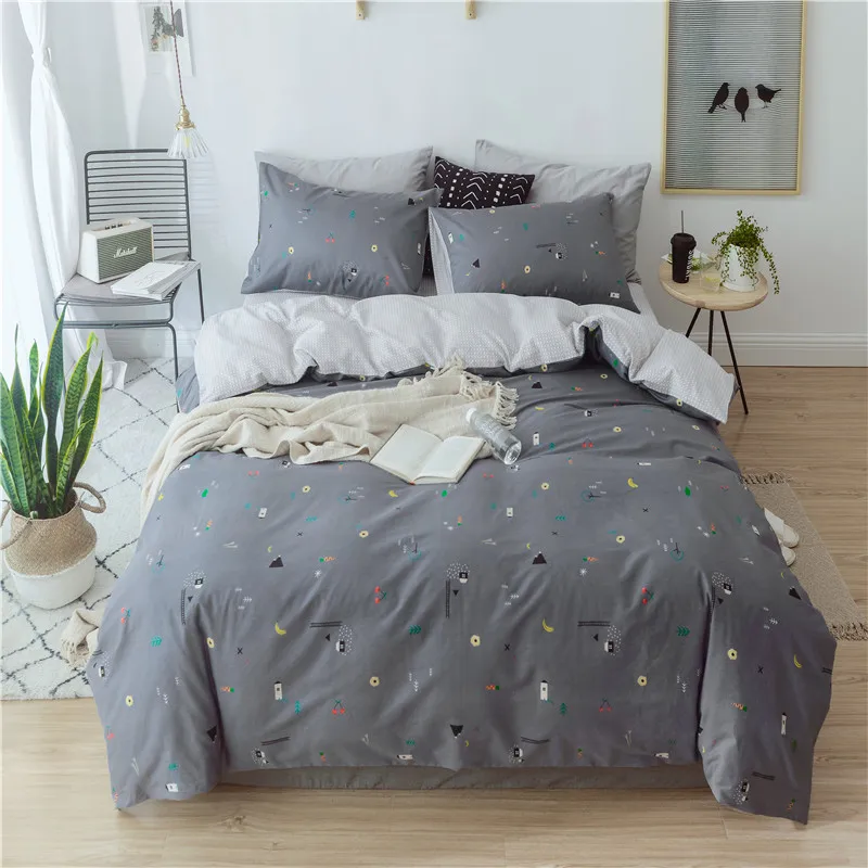 

Gray Cartoon Pattern Bedding Set 2 Size Flower Bed Linen 3/4pcs/Set Duvet Cover Set Pastoral Bed Sheet AB Side Duvet Cover 2019