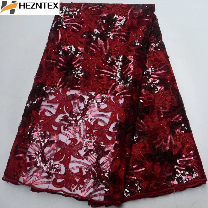 

New Style Wine French Organza Lace Fabric Nigerian Sequins Lace Fabric With embroidered Laces For Wedding Dress PSA500-1