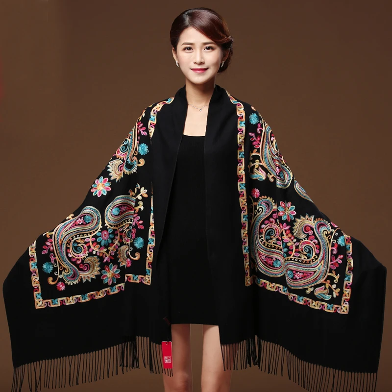 Шарф кашемировый утепленный широкий черный WS1217|cashmere scarf|tassel scarfscarf oversize |