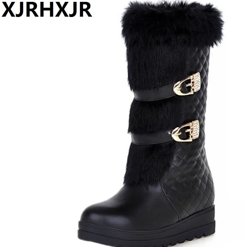 

XJRHXJR Winter Plush Warm Boots Wedges Heels Fashion Buckle Fur Boots Women Shoes Snow Boots Black White Color Size 34-39