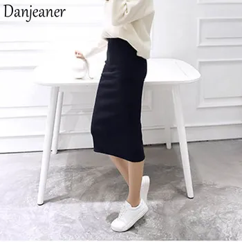 Danjeaner 2018 Autumn Winter Sexy Chic Pencil Skirts Women Knitted Super Elastic Long Skirts Package Hip Split High Skirts han edition of new winter skirts long elastic waist side split knitted dress
