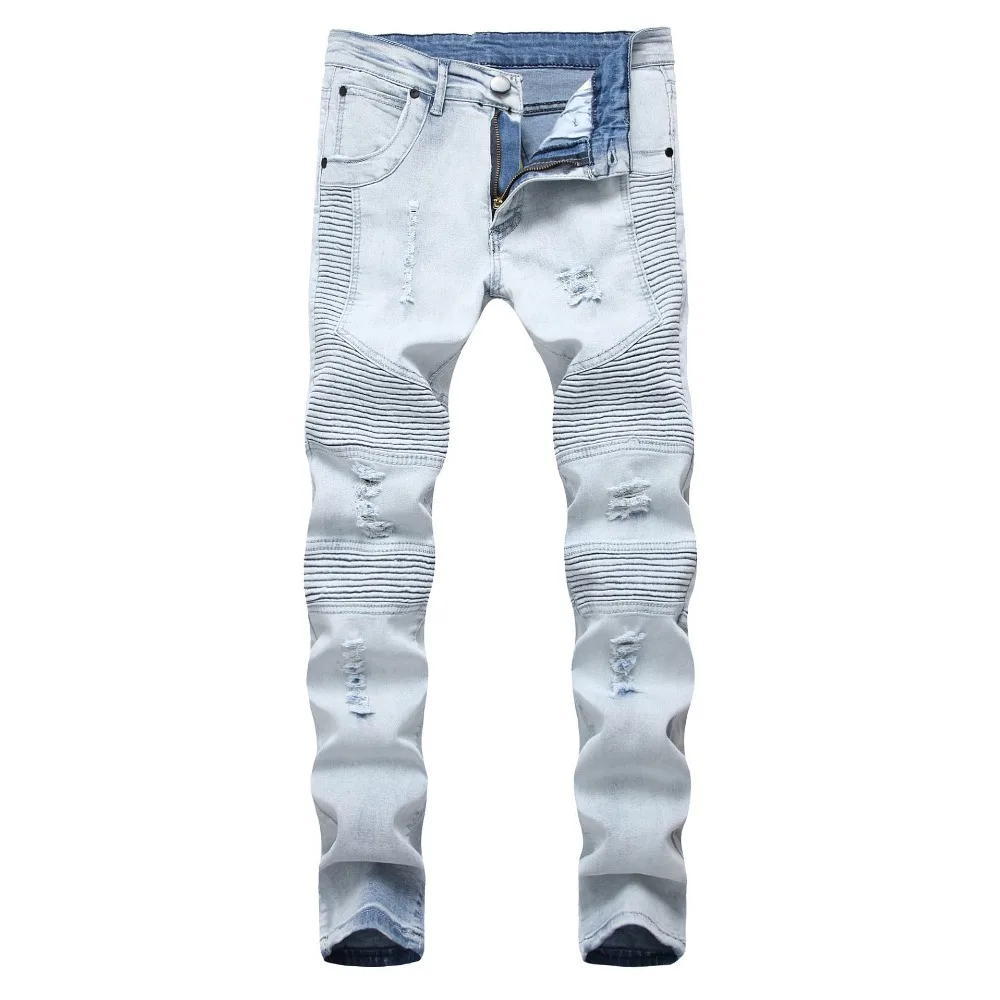 

Fashion 2019 autumn winter Europe design washing denim Pleated Fold Cotton light blue Slim Ripped hole destroyed Biker jeans men