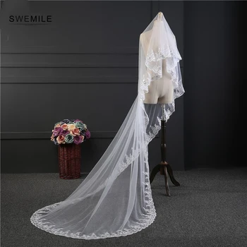 

veu de noiva longo 3 Meters Ivory White Wedding Veil Tulle Lace Appliques Sequins One Layer Long Bridal Veil voile de mariee