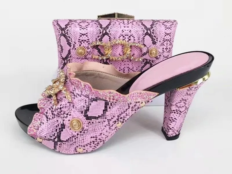 

Hot sale pink women pumps with rhinestone and crystal decoration african shoes match handbag set for dress A1030