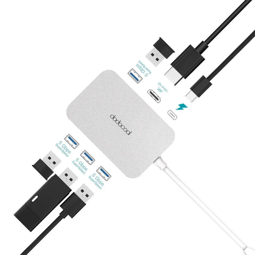 Dodocool 6-в-1 Алюминий сплав Многофункциональный USB-C концентратор Тип-C Мощность доставки видео в формате 4K HD Выход USB 3,0 Порты и разъёмы для MacBook Air Pro