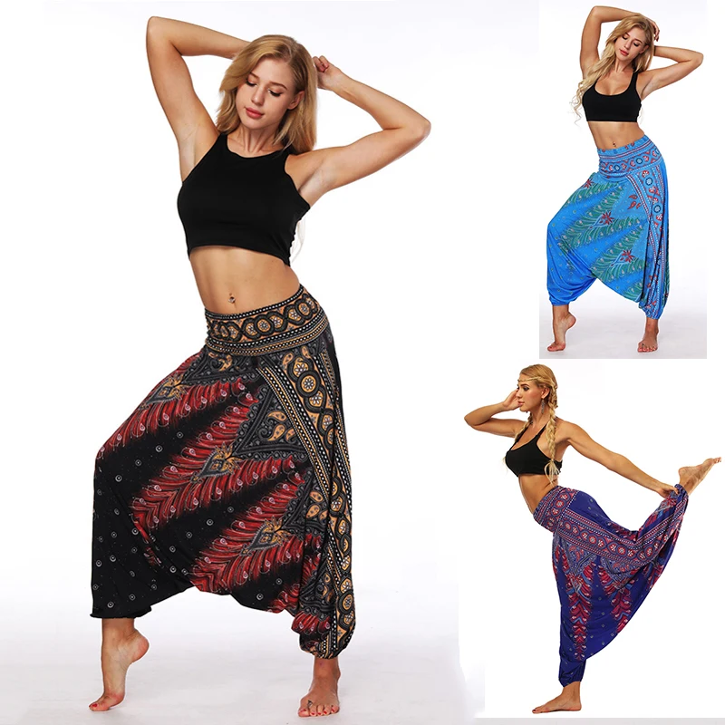 

Women's Peacock Print Harem Pants Jumpsuit Tribe Summer Hippie Belly Dance Yoga Wide Leg Trousers Fashion Folk-Custom Bloom Pant