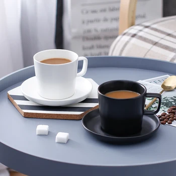 

250 ml simple matte black and white ceramic tea coffee Cups and Saucers for latte cappuccino cups saucers