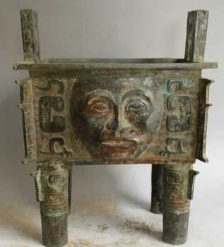 

USPS to USA S2364 15" Old Chinese Bronze Folk 4 Foot people face handle Incense Burner Censer Ding