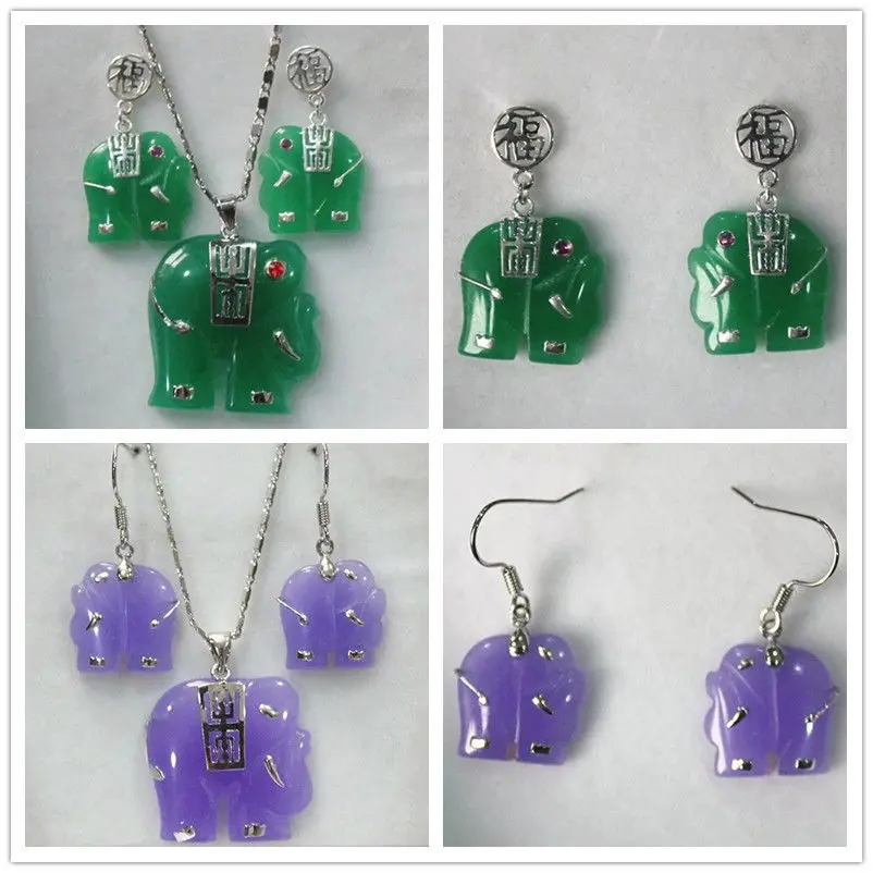 

Jewelry free shipping Natural Green jewerly/Alexandrite Carved Elephant Earrings Pendant Necklace Set AAA