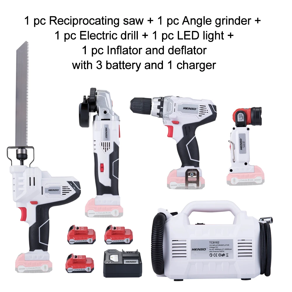 

NEWONE 12V Angle grinder Electric drill LED light Inflator and deflator Electric Saw with three lithium battery and one charger