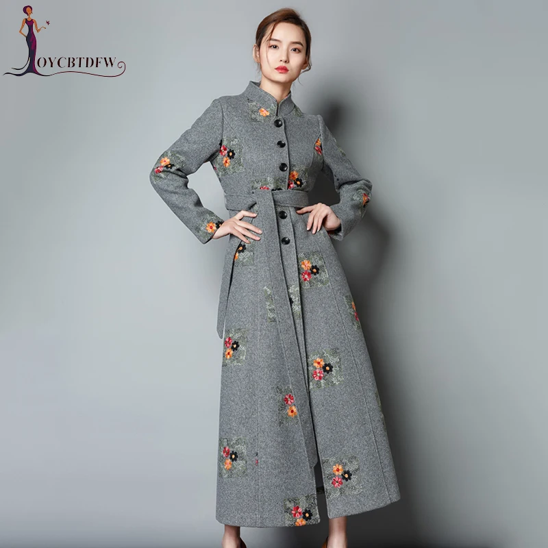 Mujer Femmes Survêtement Taille Rétro N308 Grey Laine Haute elegant Grande Black Mince 2018 De Hiver Nouvelles Qualité Long Mode Abrigo Manteau Broderie Automne pXUqpd