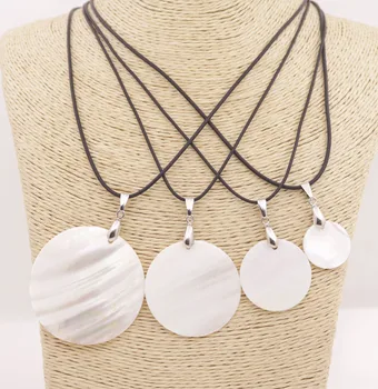 

Natural White Round Disk Shell Mother of Pearl Black Cord Pendant 18" Choose