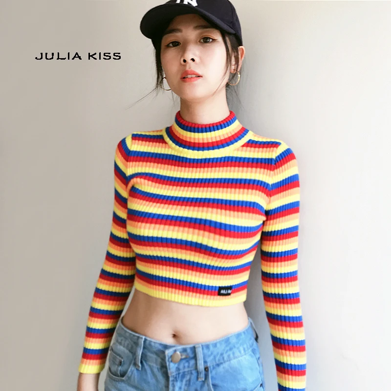 

Women Mock Neck Ribbed Knit Striped Jumper Crop Knitting Top Asian size