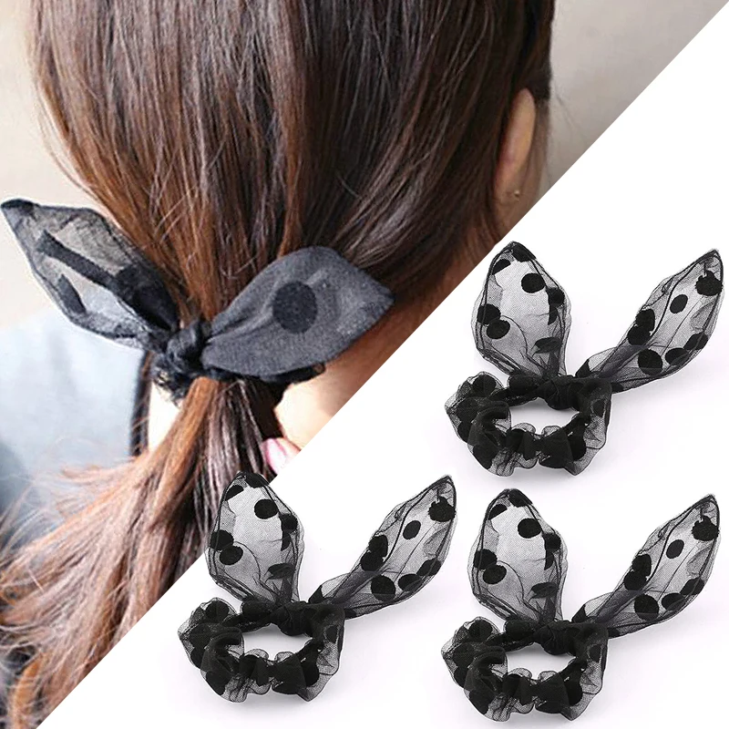 

Hot 1pc Women Bow Black Lace Dot Headbands Ponytail Holder Girls Scrunchies Vintage Elastic Hair Bands Rubber Rope Headdress