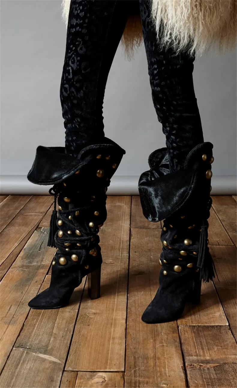 

Abesire 2019 Women Fashion Metal Decoration Lace-up Ankle Strap Boots Ladies Square Super High Heels Dress Runway Long Boots