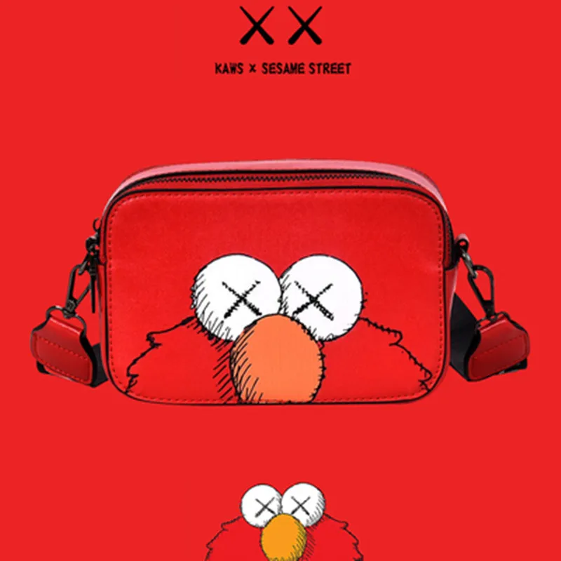 

Original Fake KAWS & Sesame Street XX Eyes PU Single Shoulder Messenger Bag Cartoon Action Figure Small Square Bag X910