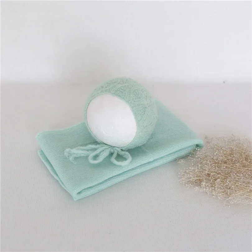 

Vintage Photography Wrap Set Aqua Newborn Cap Bonnet Crochet Infant Hat Newborn Knit Jersey Wrap Baby Layer Fabric Baby Props