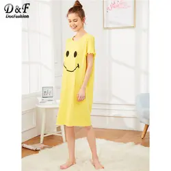 Dotfashion желтый рюшами рукавом Улыбка печати Ночное платье для женщин Лето 2019 г. короткий рукав мультфильм пижамы повседневные ночные рубашки