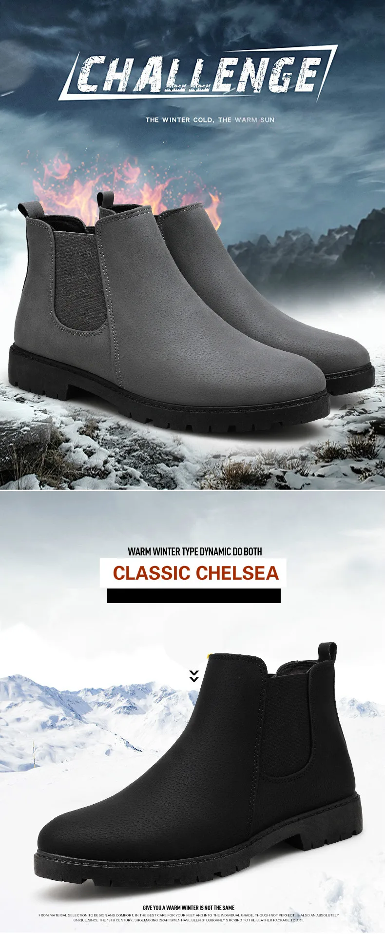 Модные мужские ботинки «Челси» г. Классические ботильоны в винтажном стиле мужская осенне-зимняя плюшевая обувь без шнуровки черного и серого цвета для мужчин 39-44