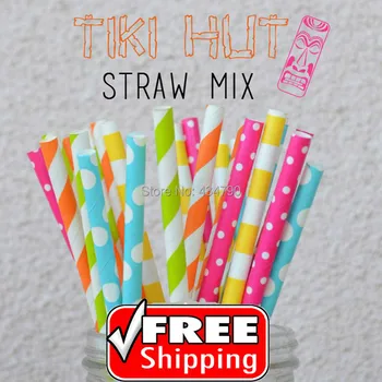 

200pcs Mixed 4 Designs Tiki Hut Themed Paper Straws - Deep Pink,Orange,Lime Green,Yellow-Striped,Dot,Sailor Stripe,Bright Party