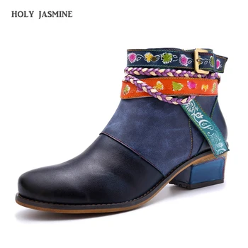 

Genuine Leather Women Boots 2019 Spring Vintage Bohemian Ankle Boots Women Shoes Zipper Low Heel Ladies Shoes Woman Autumn Boot