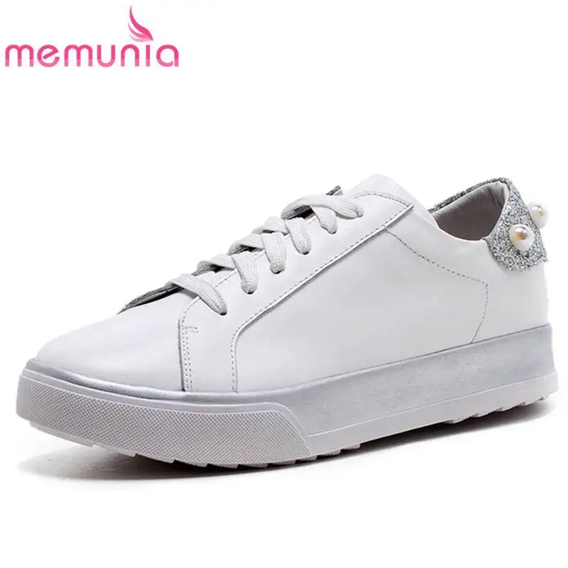 

MEMUNIA NEW 2018 fashion genuine leather flats women lace up round toe rhinstone flat platform summer shoes ladies shoes