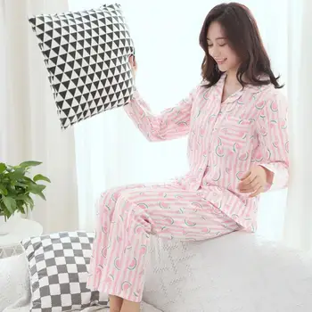 

Female Sleepwear Set Spring New Cotton 2PCS Shirt&Pants Home Clothes Print Sweet Nightwear Negligee Casual Cute Pajamas Suit