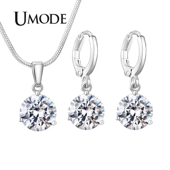 

UMODE New Fashion Round Pendant Necklace and Earrings Sets for Women Blue Pink Red Green Zircon White Gold Jewelry AUS0081