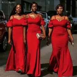 Красное платье подружки невесты из Африканской ткани с бретельками длиной до пола, атласное длинное свадебное платье 2019, недорогое платье