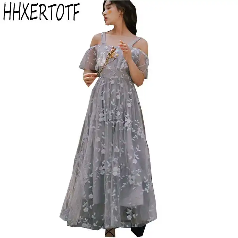 

2019 New arrival summer High-end custom woman dress Embroidered mesh holiday dress Sweet and fresh little fairy dress