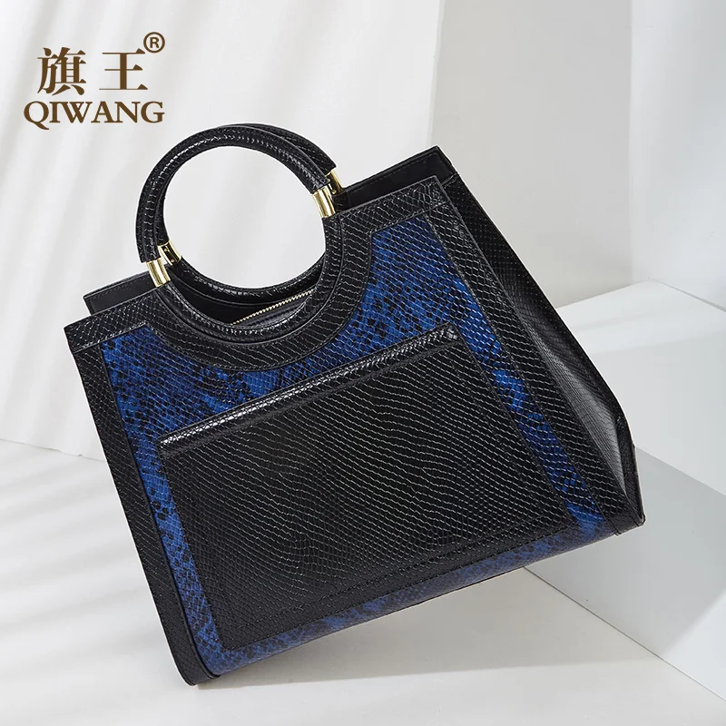 

Qiwang Blue Tote Bags Handbag Women Genuine Leather Bag Snake Cow Leather Hand bag Vintage Round Handle Fashion Tote bag 2018