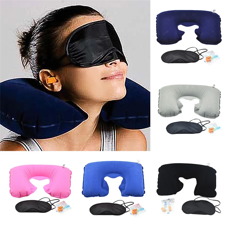 New Inflatable Car Travel Neck Pillow Support Earplug and Eye Mask Sleep Set