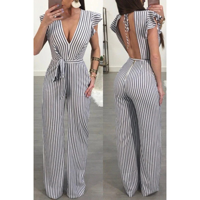

Fashion Sexy Striped Jumpsuits High Waist V Neck Wide Leg Pants Female Spring Summer Women Sashes Jumpsuits