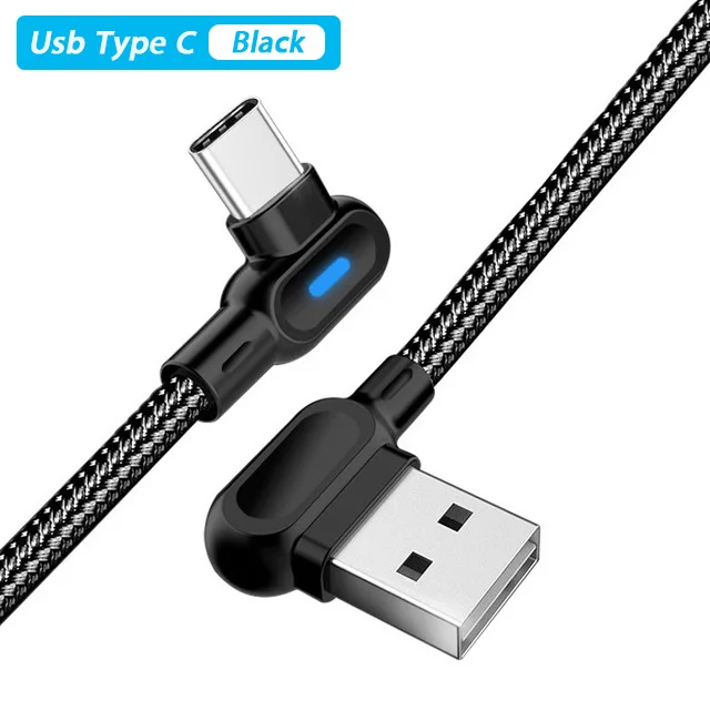 25 см 1 м 2 м 90 градусов mi cro Usb type C кабель для быстрой зарядки Usbc mi crousb кабель Led Usb C для Xiaomi mi A3 Red mi 8 Note 7 K20 Pro - Color: Black Usb Type C