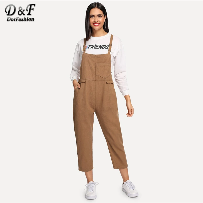 Dotfashion Khaki Solid Pocket Front Denim Overalls For Women 2019