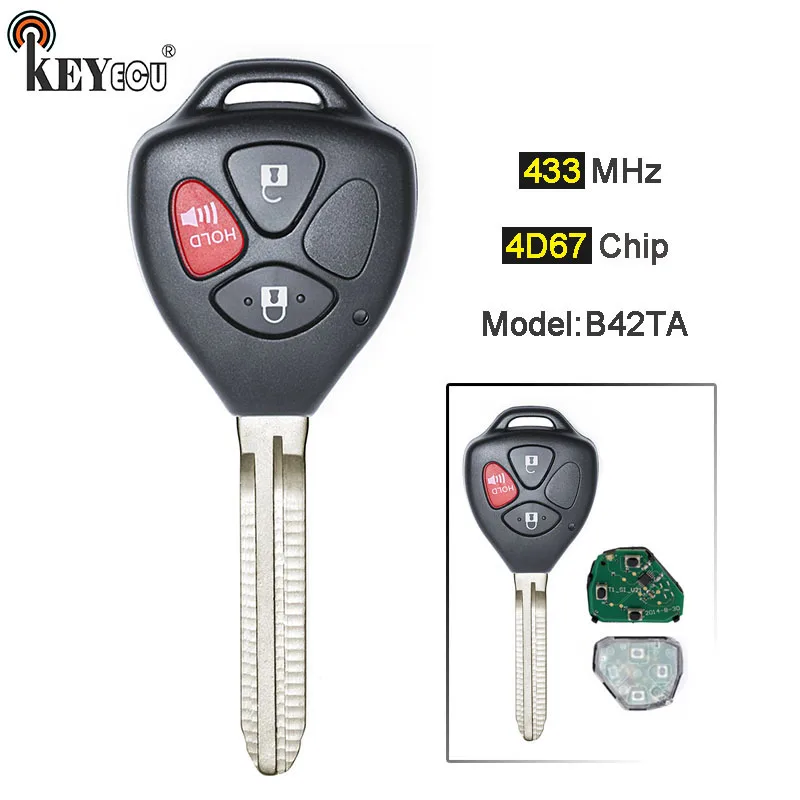 KEYECU Model: B42TA 433MHz 4D67 Chip Replacement 3 Button Remote Key Fob for Toyota Hilux 4Runner Fortuner 2003-2009