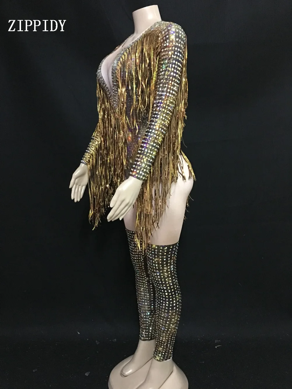 Золотой бахрома Стразы сексуальный боди для женщин джаз танец большой эластичный купальник наряд вечернее шоу цельный сексуальный костюм одежда