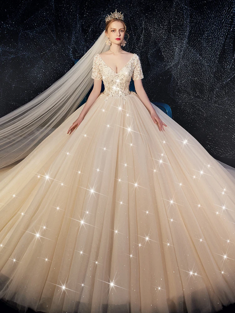 Женское блестящее платье Vivian's Bridal кружевное с коротким рукавом и треугольным
