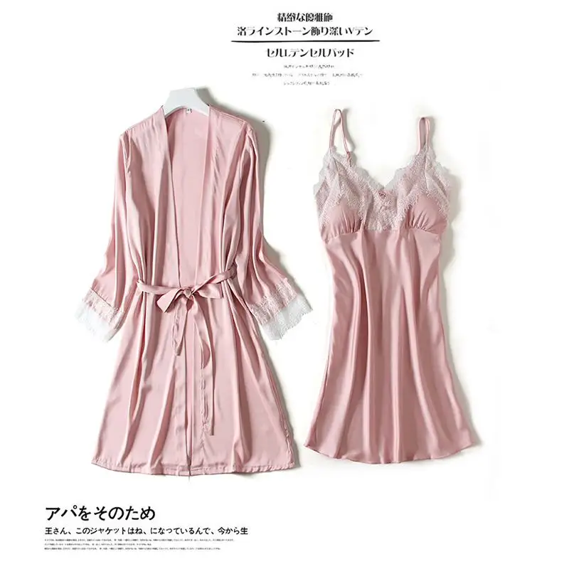 Однотонная Повседневная Женская одежда для сна с длинными рукавами,, кружевная отделка, искусственный шелк, 4 шт., кимоно, платье, Атласный халат, халаты, одежда для сна - Цвет: Pink Robe Set