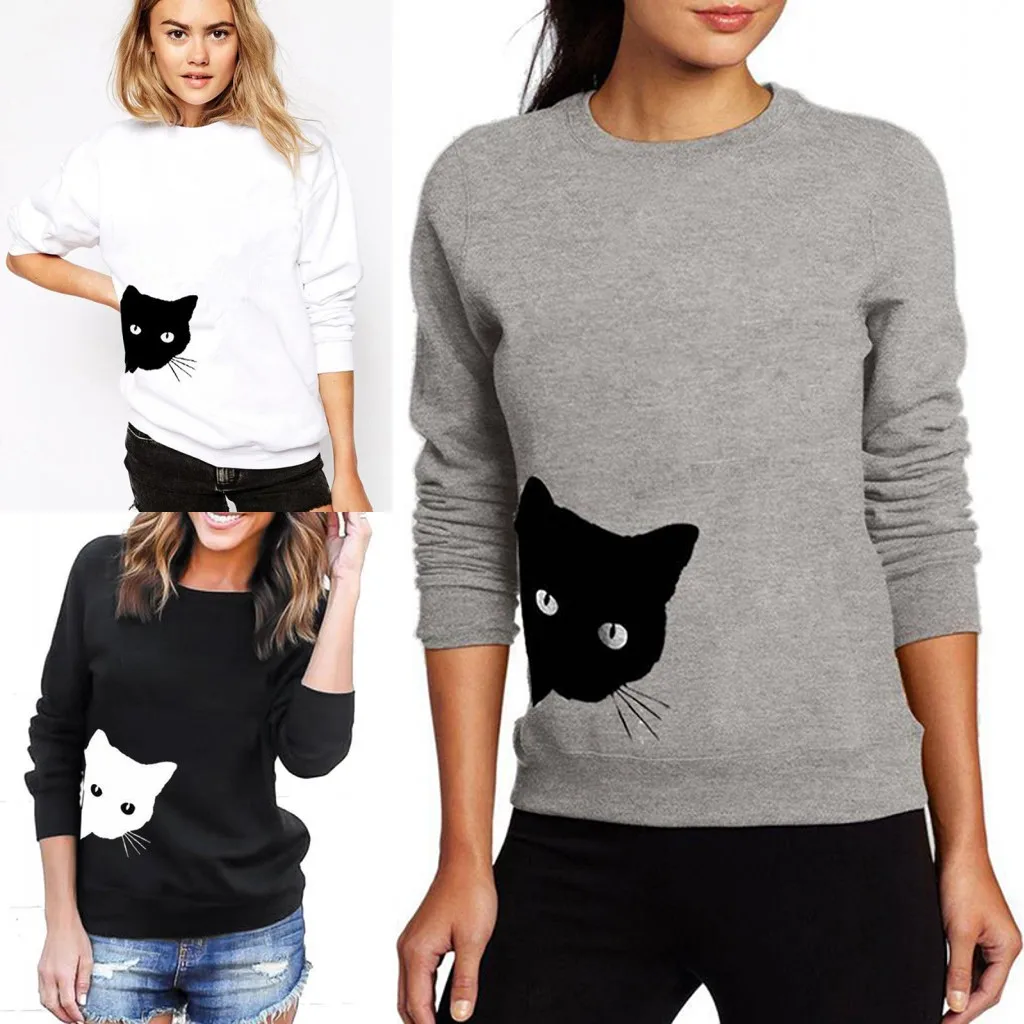 Female Round Collar Sweatshirts Cartoon Cat Print Sweatshirts Long